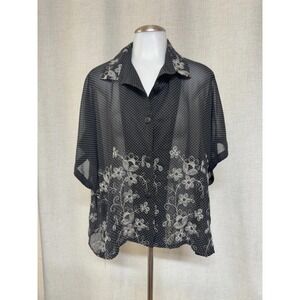 DRESS TO KILL Black Sheer Polka Dot Floral Embroidered Tunic Top blouse sz OS
